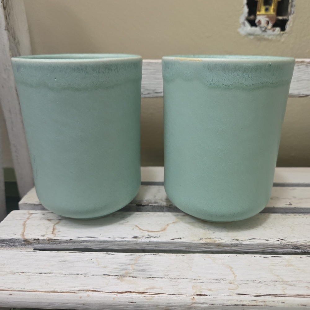 Two Anthropologie Teal Blue Drip Art Pottery Glazed Tumblers Cups